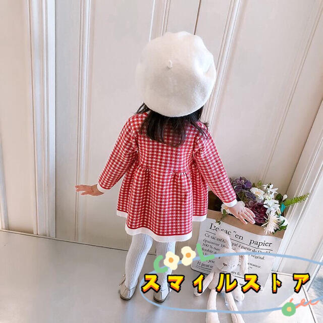 キッズワンピース　チェック柄　ニットワンピース　女の子服 ネイビー90 キッズ/ベビー/マタニティのキッズ服女の子用(90cm~)(ワンピース)の商品写真