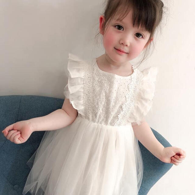 ♡ バックリボン ワンピース ♡ 110 新品 レース チュール ホワイト a キッズ/ベビー/マタニティのキッズ服女の子用(90cm~)(ワンピース)の商品写真