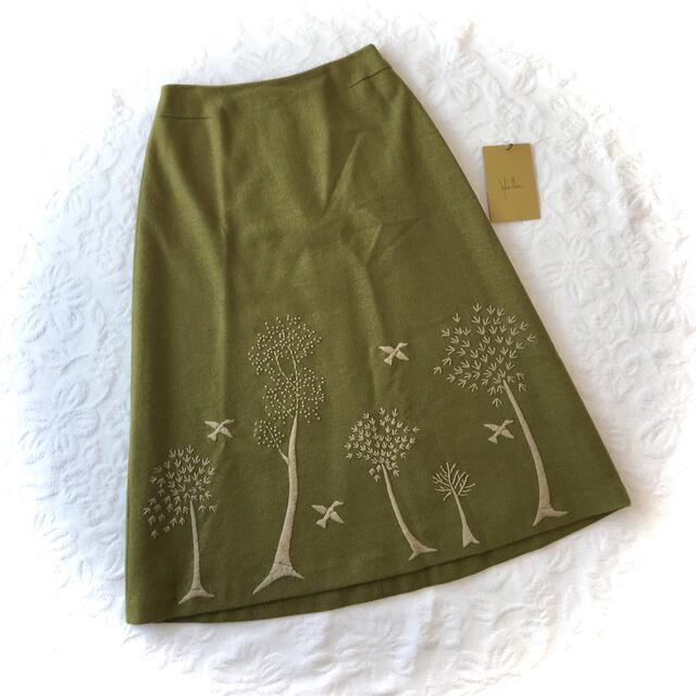 新品シビラ抹茶色グリーンウール森林鳥ボタニカル刺繍フレアロングスカートw64