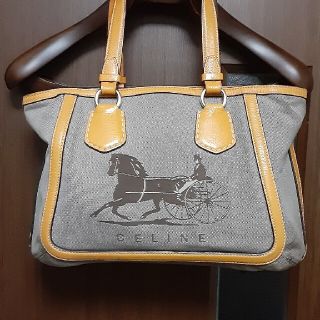 celine - セリーヌ 馬車ロゴ キャメル キャンバス レザー トートバッグ