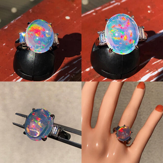 ウォーターオパール ダイヤモンド リング PT900 大粒 希少 遊色 オパール レディースのアクセサリー(リング(指輪))の商品写真