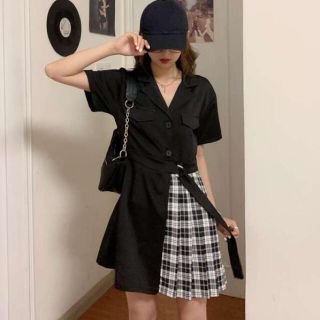 切り替えチェック柄ベルト付きプリーツスカートショート丈カジュアルワンピース(ミニワンピース)