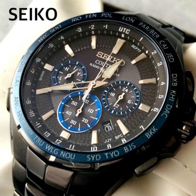 【美品】セイコー  電波ソーラー SEIKO 強化IPブラック メンズ腕時計8B92ケースベルト