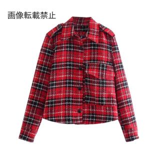 ザラ(ZARA)の🍁11月新作🍠6707◆red レッド チェック柄 シャツジャケット(ノーカラージャケット)