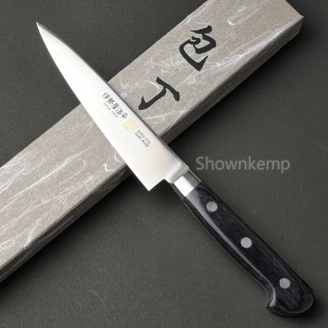 包丁 伊勢屋治平 ペティナイフ 12cm 小型両刃 黒パッカー 口金付き 日本製