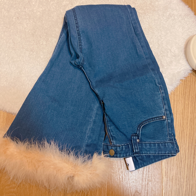 épine bell jeans blue×beige feather fur