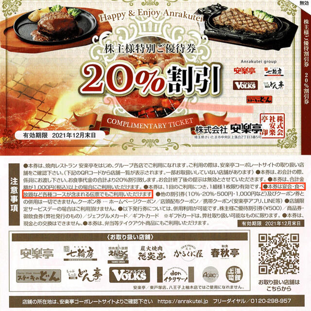 ▼安楽亭▼株主優待券 20%割引券 1枚 食べ放題・宴会コース利用可 チケットの優待券/割引券(レストラン/食事券)の商品写真