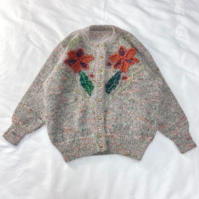 vintageヴィンテージレトロusedぽんぽんフラワー花柄刺繍ニット