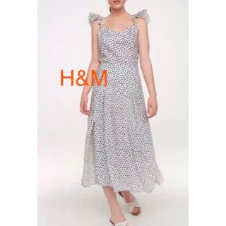 エイチアンドエム(H&M)の美品★H&M ドット柄ロングフレアスカート/サイドスリット/ホワイト×ブルー(ロングスカート)