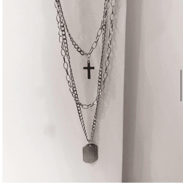 3連 ネックレス  十字架 ドックタグ プレートクロス 黒 ゴシック 韓国 メンズのアクセサリー(ネックレス)の商品写真