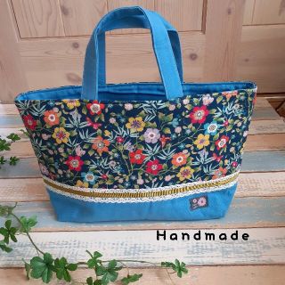 ハンドメイド ★リバティトートバッグ(ブルー)(バッグ)