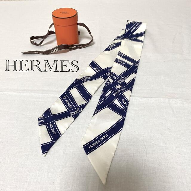 HERMES エルメス　ツイリー　ボルデュック　ネイビー　リボン柄