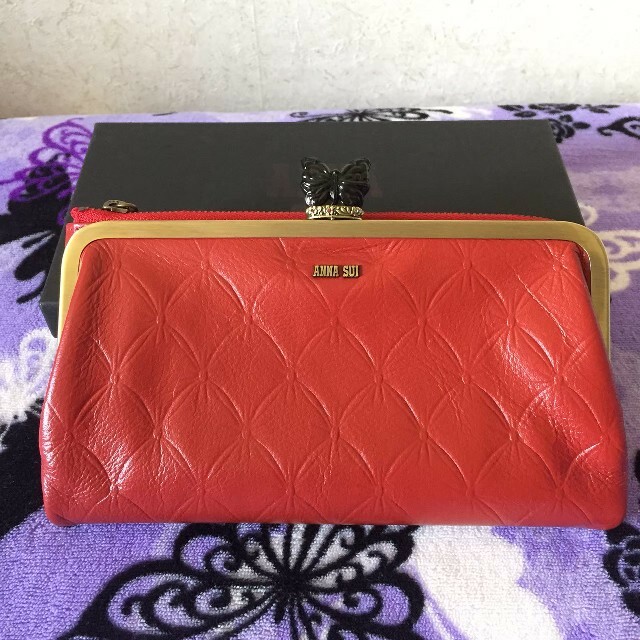 新品☆アナスイ フラワーリップ 立体蝶々がま口 ファスナー 長財布 赤