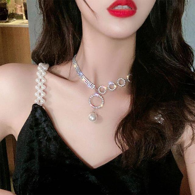 シルバー ダイヤ パール ネックレス 韓国 ファッション アクセサリー 高級