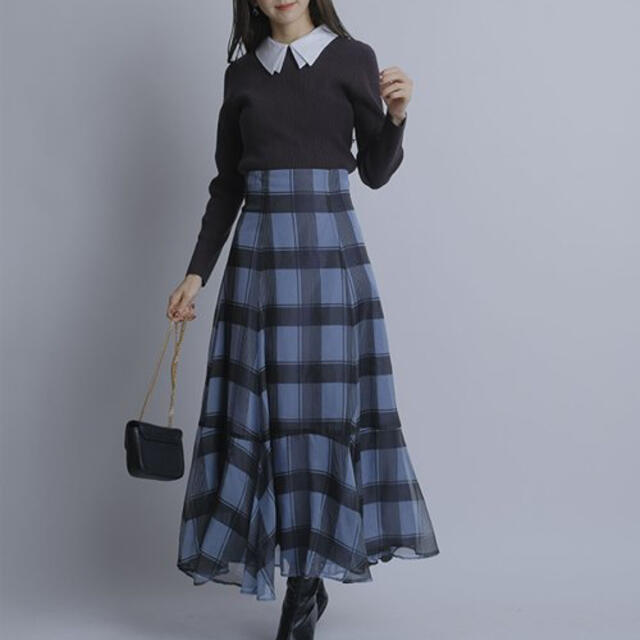Rirandture(リランドチュール)のリランドチュール チェックオーガンスカート ライトブルー レディースのスカート(ロングスカート)の商品写真