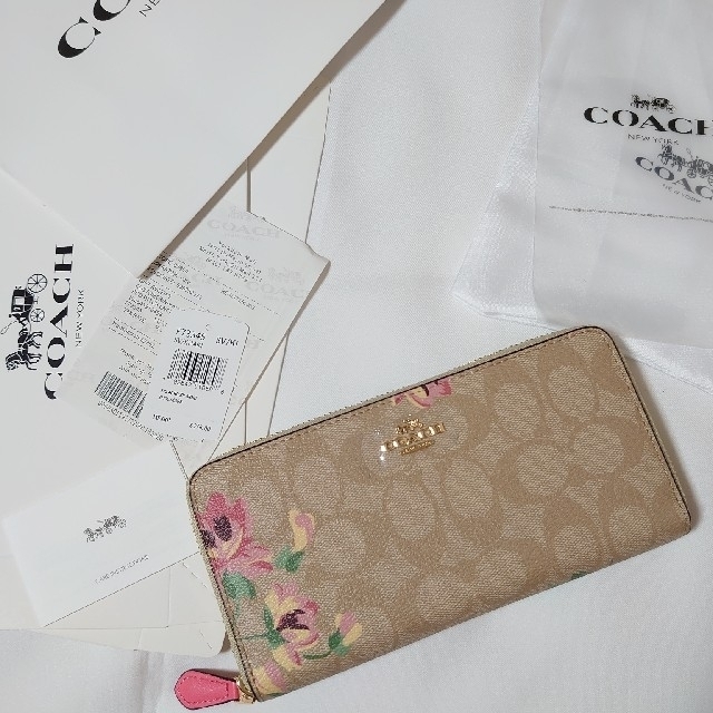 新品 未使用 coach 長財布 フローラルプリント ライトカーキ×ピンクマルチ