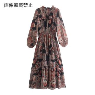 【2色】エスニック☆ワンピース Vオープン 七分袖 ロング ZARA - 🍁11月新作🍠6733◇vintage レトロ エスニック 柄