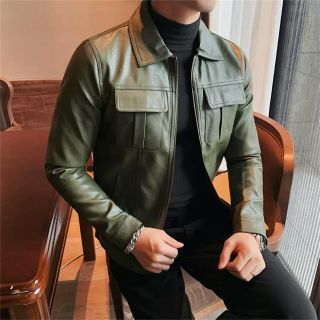 メンズ レザージャケット 革ジャン バイクジャケット グリーンの