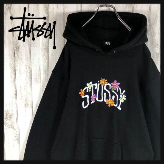 stussy ストゥーシー　花柄　パーカー　刺繍ロゴ　グレー