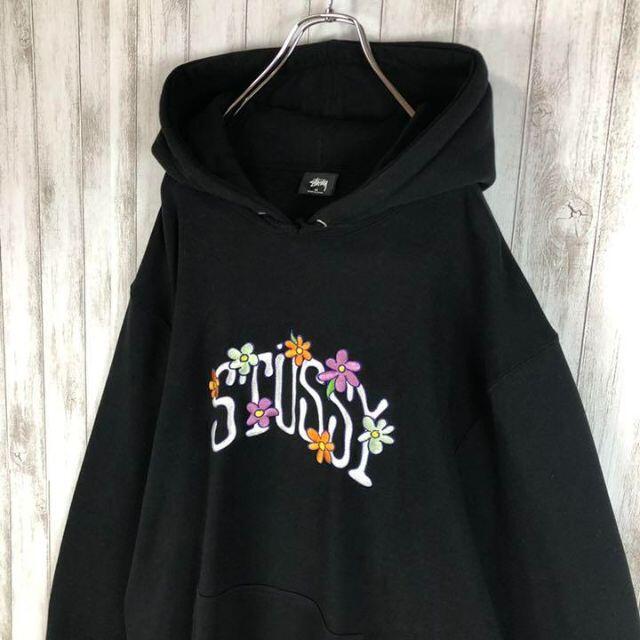 stussy ストゥーシー　花柄　パーカー　刺繍ロゴ　グレー