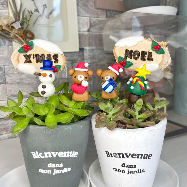 ハンドメイド　ガーデンピック　クマちゃんのクリスマス　多肉植物