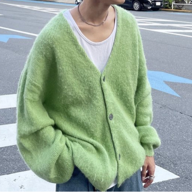 安心交換付き JO258 モヘアカーディガン L Windowspane 緑 グリーン
