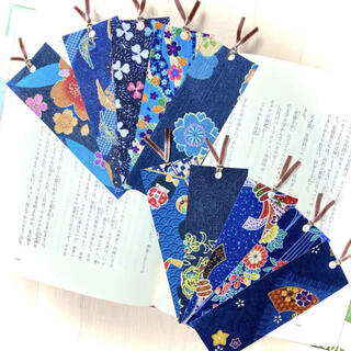 #107  手作り布製しおり  ブルー系和柄10枚 花柄 鶴(しおり/ステッカー)