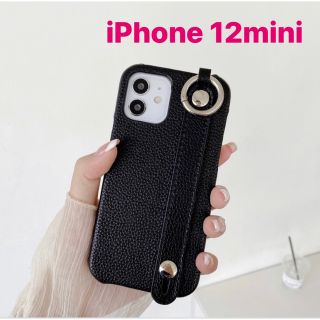 iPhone 12 mini 用　ケース　ブラック　ベルト 付き　レザー 風(iPhoneケース)