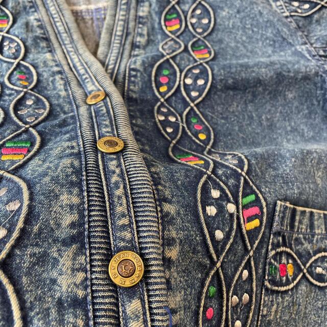 古着 レトロ 刺繍 ノーカラージャケット カーディガン デニム 金ボタン