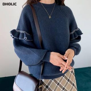 ディーホリック(dholic)のDHOLIC スリーブフリル　ニット　ネイビー(ニット/セーター)