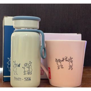 タリーズコーヒー(TULLY'S COFFEE)の鳥獣戯画フタ付マグ（ピンク）＆ステンレスミニボトル（鳥獣戯画）(グラス/カップ)