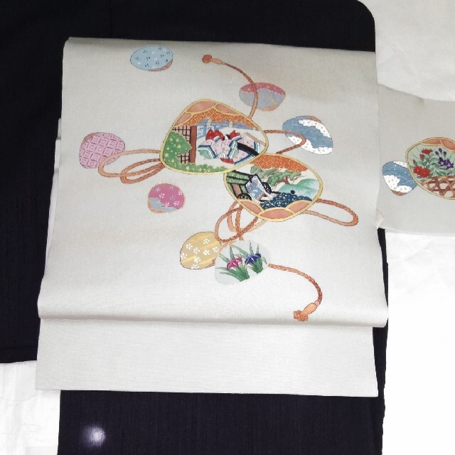 正絹 塩瀬 金彩 貝合わせ柄 グレー 染め名古屋帯の通販 by こすの戸's