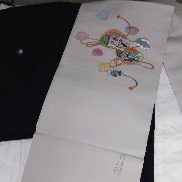 正絹 塩瀬 金彩 貝合わせ柄 グレー 染め名古屋帯の通販 by こすの戸's