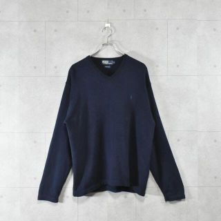 90s Ralph Lauren コットンニット Ｖネック　ネイビーワンポイント(ニット/セーター)