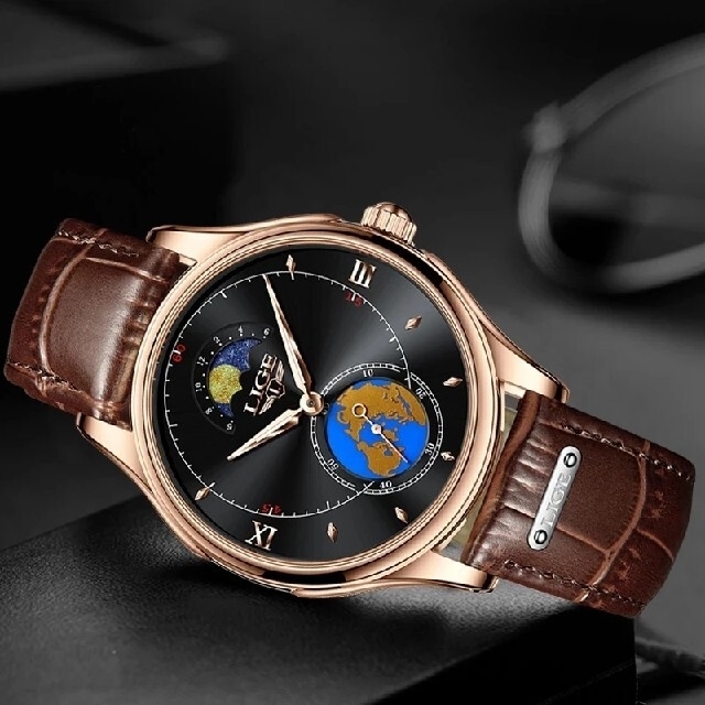 人気！LIGE 高級感溢れる メンズウォッチ 腕時計 ゴールド&ブラック