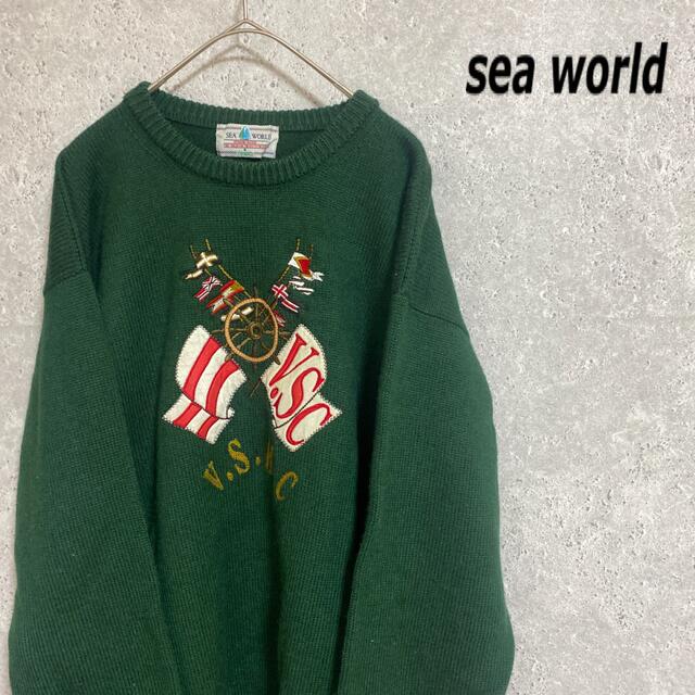 90S sea world デカロゴ　刺繍　セーター　ニット　　ゆるダボ