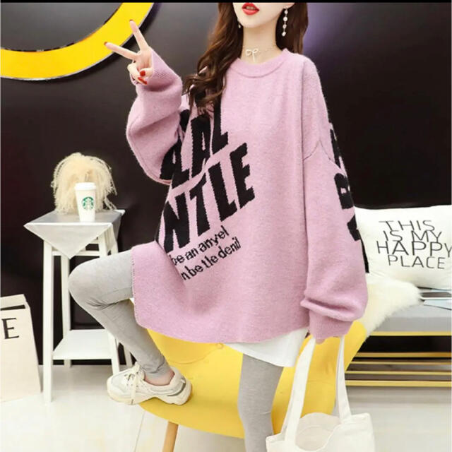 ピンク 韓国ファッション ロゴ オーバーサイズ ニット レディースのトップス(ニット/セーター)の商品写真