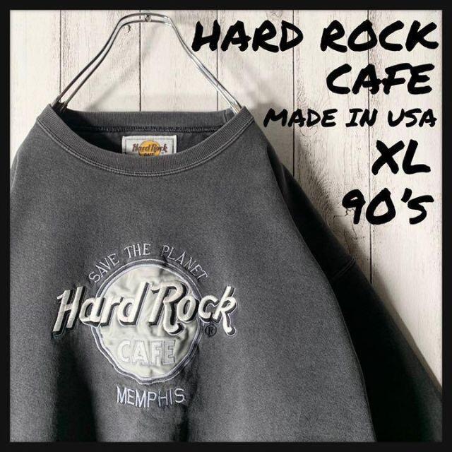 激安価格の 【USA製 XL 90s】ハードロックカフェ メンフィス 刺繍 スウェット 黒銀 スウェット