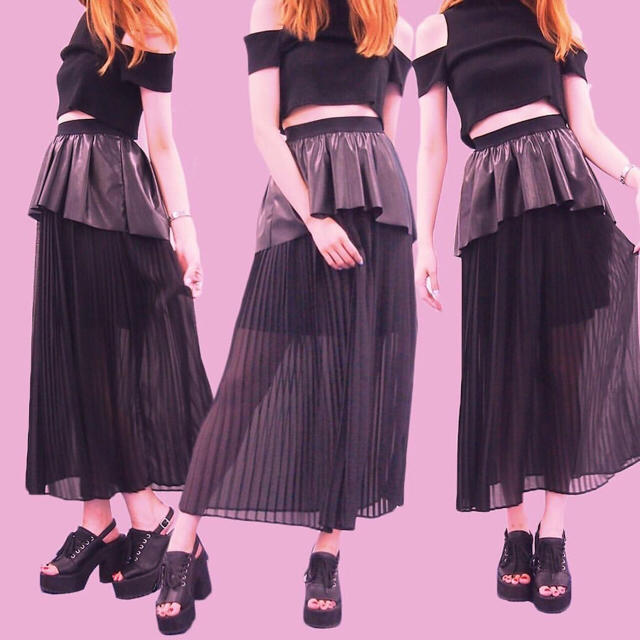 Honey mi Honey(ハニーミーハニー)のpeplum leather chiffon skirt レディースのスカート(ロングスカート)の商品写真