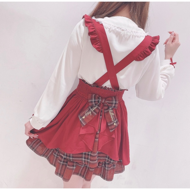LIZLISA サスペンダー付きチェックフリルカシュクールスカート 赤 LIZLISA サスペンダー付きチェックフリルカシュクールスカート 赤