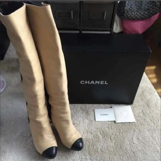 CHANELバイカラー本革レザーニーハイブーツブランド黒ベージュ