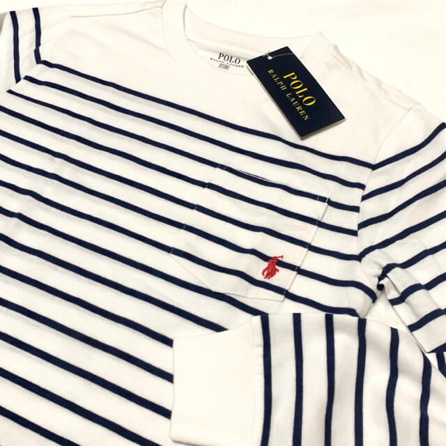 Ralph Lauren(ラルフローレン)の4T/110 新品 ストライプ ポケット ロングスリーブTシャツ / ホワイト キッズ/ベビー/マタニティのキッズ服男の子用(90cm~)(Tシャツ/カットソー)の商品写真