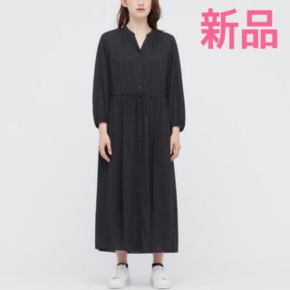 ユニクロ(UNIQLO)のプリントドローストリングロングワンピース（7分袖）(ロングワンピース/マキシワンピース)