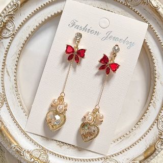 レッド🎀♡ピンク系ハートパーツピアス　478(ピアス)