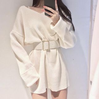 スタイルナンダ(STYLENANDA)の【予約商品】《3カラー》ベルト付き　ニット　aラインワンピ　韓国ファッション(ミニワンピース)