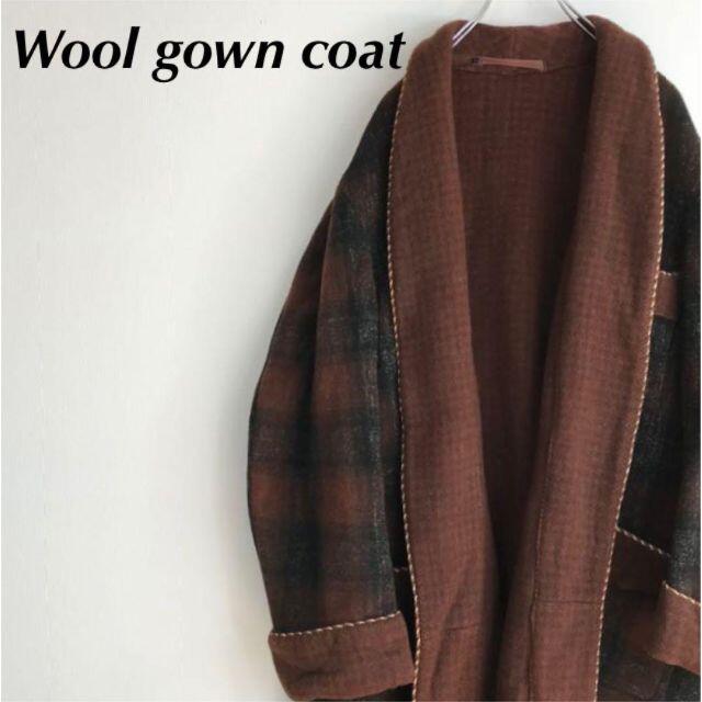 vintage チェック ロング ウールガウンコート 厚手 古着 アースカラー