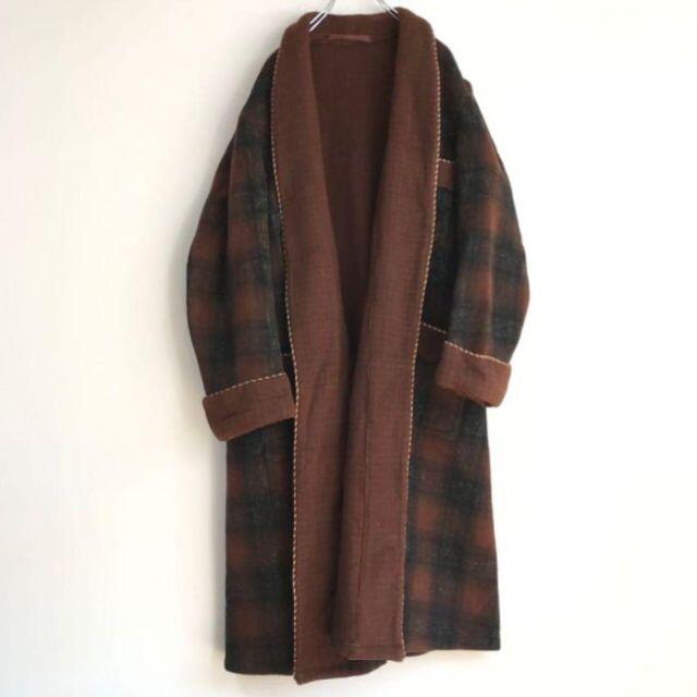 vintage チェック ロング ウールガウンコート 厚手 古着 アースカラー 1