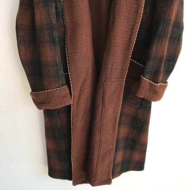 vintage チェック ロング ウールガウンコート 厚手 古着 アースカラー 3