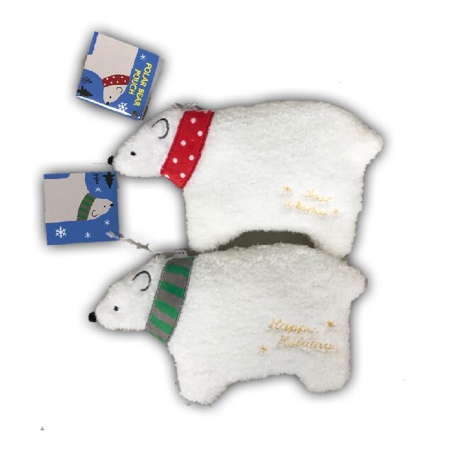 KALDI(カルディ)のカルディ クリスマス 白くまポーチ 2種セット エンタメ/ホビーのおもちゃ/ぬいぐるみ(ぬいぐるみ)の商品写真