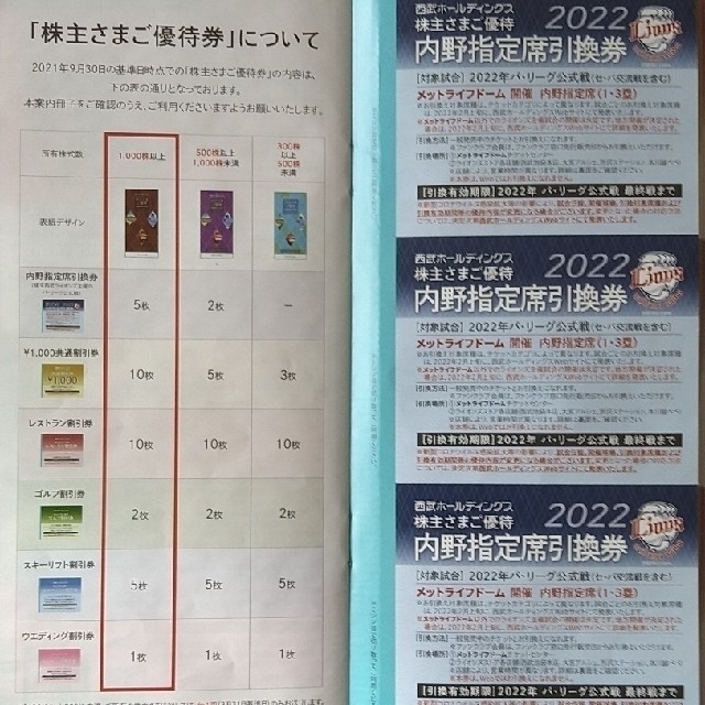 10枚セット【西武HD 株主優待】内野指定席引換券 1